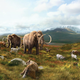 Mammoths, horses, and saber-toothed cats in an artist's illustration.